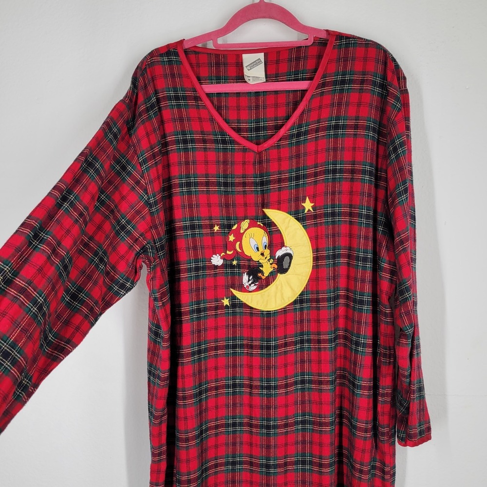 Vintage 1999 Warner Bros Looney Tweety  Flannel Plaid Sleep Pajama Dress‎ MED - Picture 2 of 7